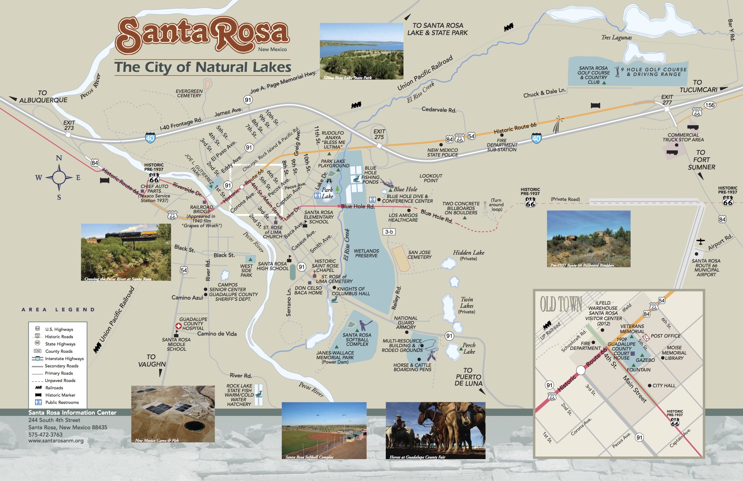 Downtown Map : New Mexico Santa Rosa City of Lakes with Santa Rosa Lake State Park, Route 66, Lodging Santa Rosa Scuba Diving Restaurants