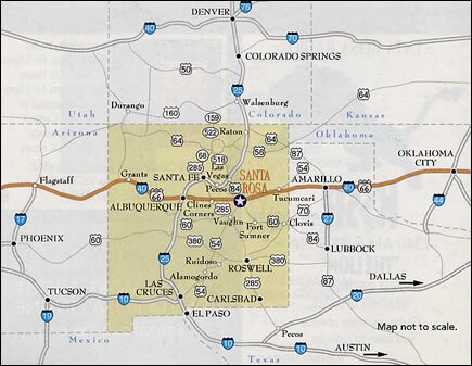 Regional Map : New Mexico Santa Rosa City of Lakes with Santa Rosa Lake State Park, Route 66, Lodging Santa Rosa Scuba Diving Restaurants